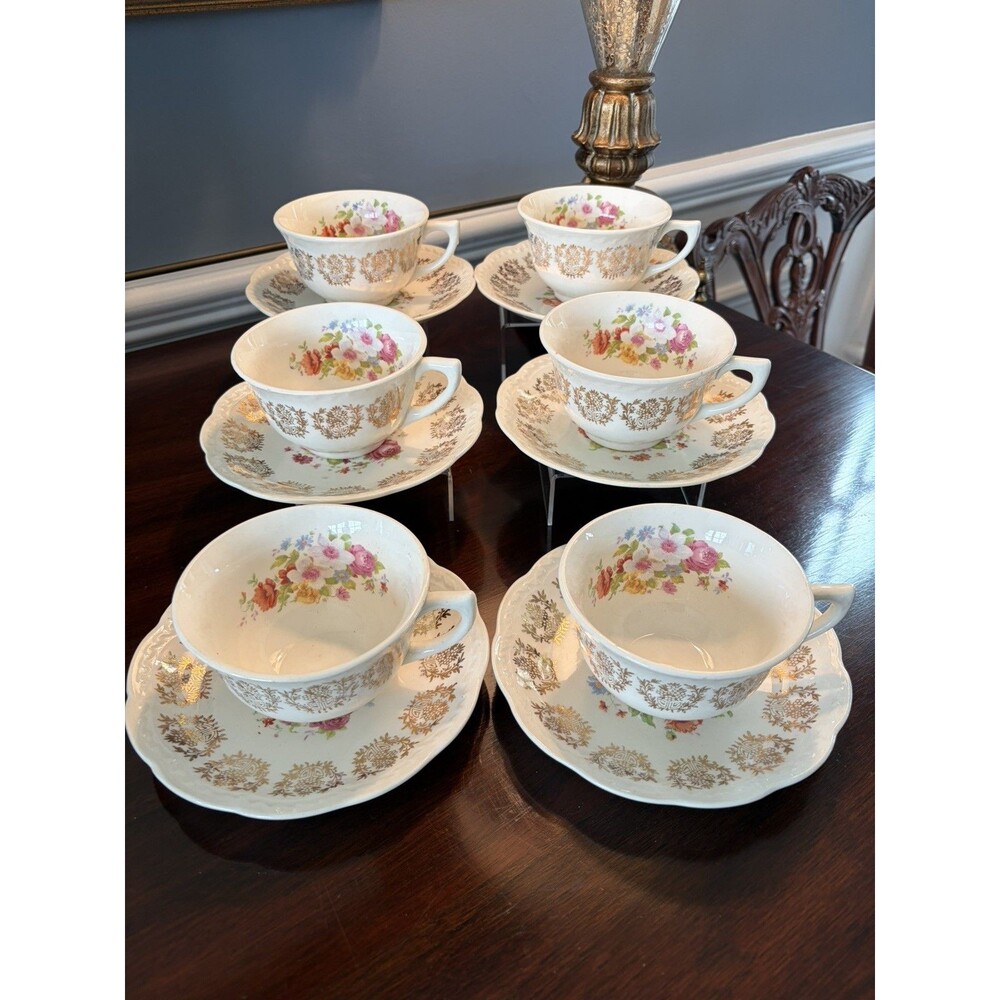 Stetson 22K Warranted Tea Cup and Saucer Sets Gold Filigree Flora 6 Sets STT15